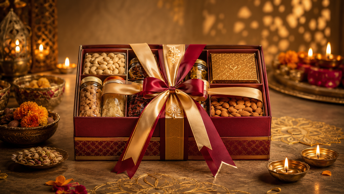 Diwali gift hamper decorated with custom ribbons